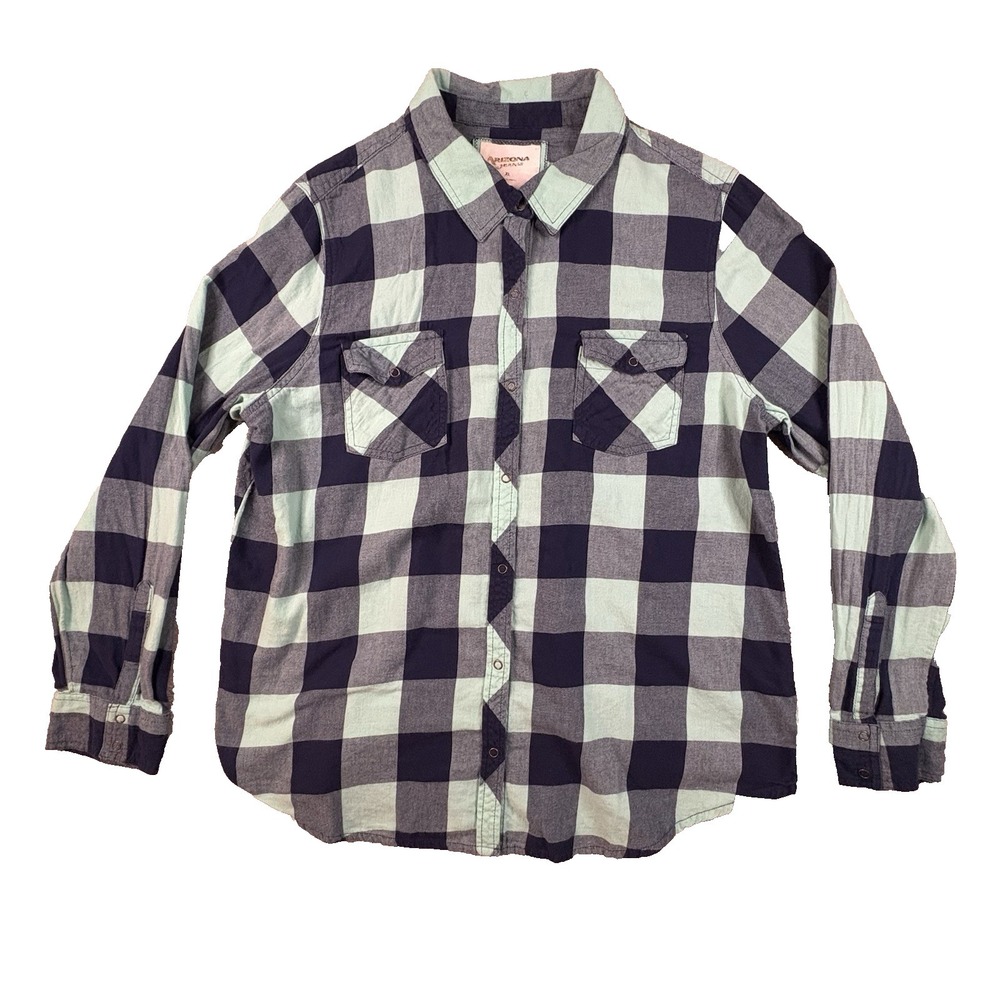 Arizona Jeans Co Women's XL Mint Green & Navy Buffalo Plaid LS Button Up SEE DES